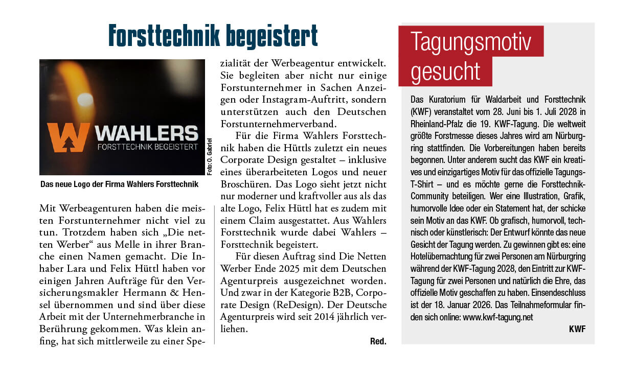 Presseartikel über die Arbeit der netten Werber im Fachmagazin Forst und Technik